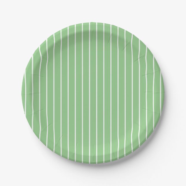 Classic Light Sage Green and White Stripes Paper Plates (Front)