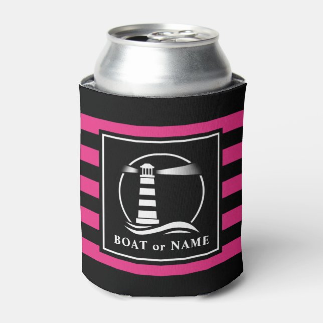 Classic Lighthouse Boat or Name Pink Stripped Can Cooler (Can Front)