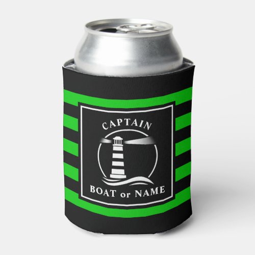 Classic Lighthouse Captain or Boat Name Green Can Cooler