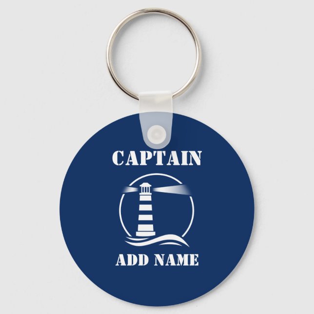 Classic Lighthouse Captain or Boat Name Navy Blue Keychain (Front)