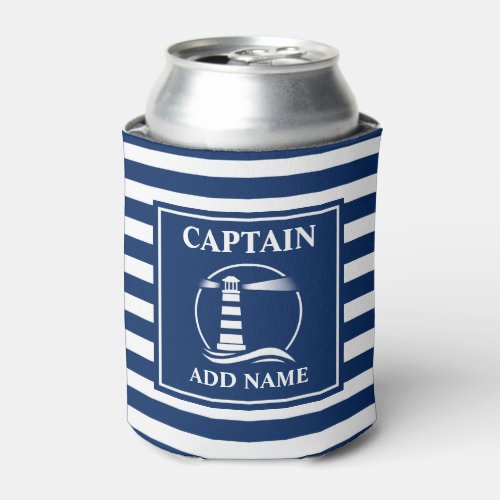 Classic Lighthouse Captain or Boat Name Striped Can Cooler
