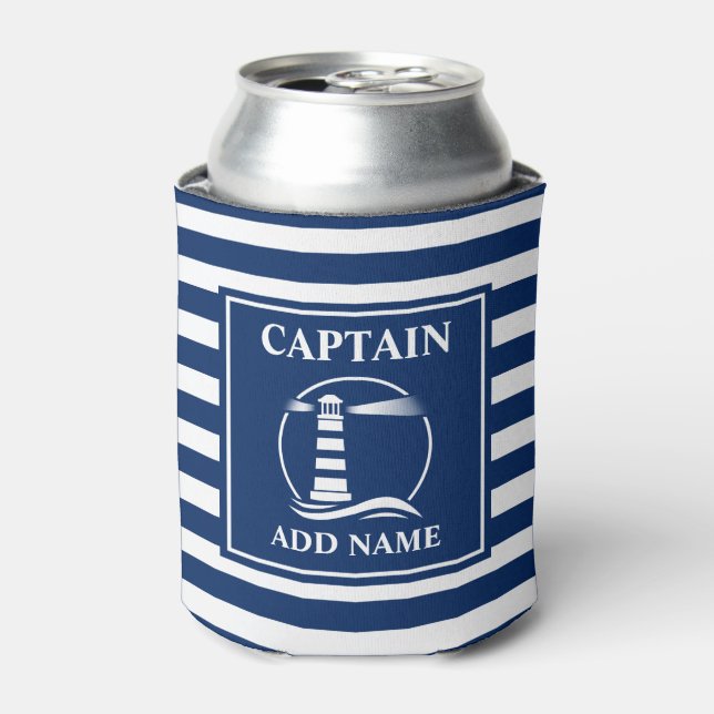 Classic Lighthouse Captain or Boat Name Striped Can Cooler (Can Front)