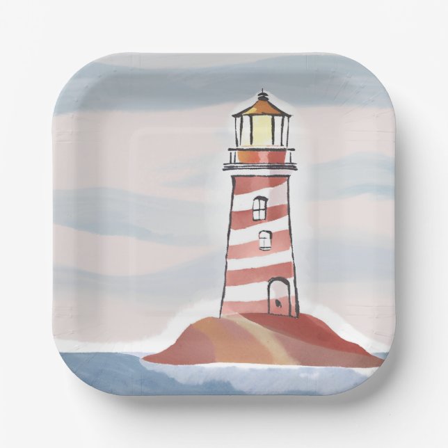 Classic Lighthouse | Ocean Coastal Watercolor Paper Plates (Front)