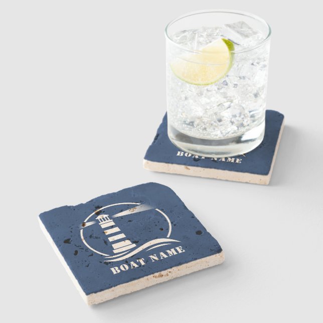 Classic Lighthouse With Your Boat Name on Blue Stone Coaster (Side)