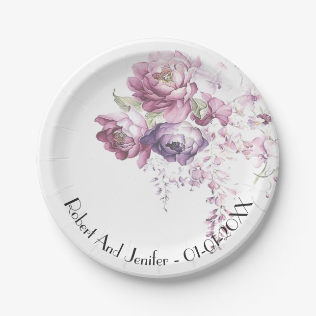 Classic lilac and pink wedding floral paper plates (Front)