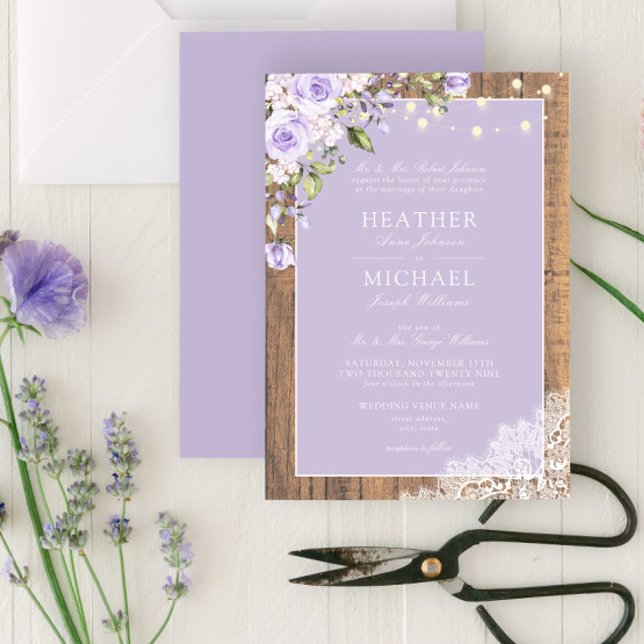 Classic Lilac Lavender Rustic Wood Lace Wedding Invitation (Creator Uploaded)