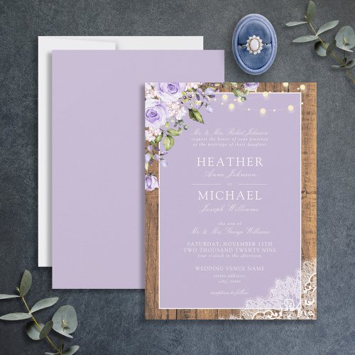 Classic Lilac Lavender Rustic Wood Lace Wedding Invitation