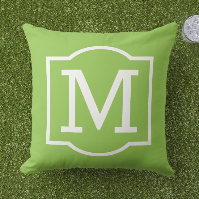 Classic Lime Green White Bracket Monogram Outdoor Pillow (Grass)