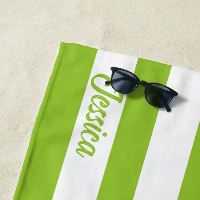 Classic Lime Green White Cabana Strip Personalized Beach Towel (In Situ)