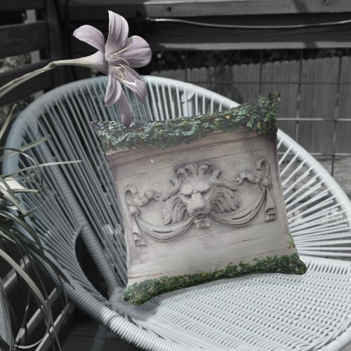 Classic Lion Head Architectural Relief Grey Outdoor Pillow