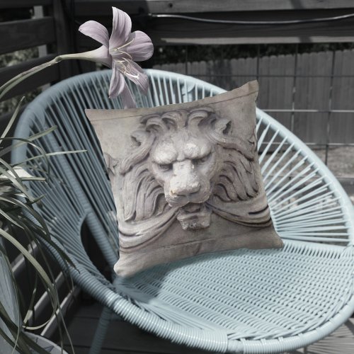 Classic LionHead Architectural Relief Gray Outdoor Pillow