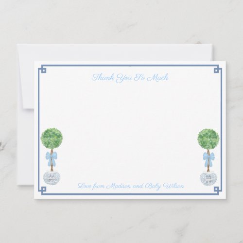 Classic Little Boy Boxwood Topiary Baby Shower Thank You Card - Timeless thank you card design with boxwood lollipop topiary in ginger jar planter with blue and white "Greek Key" pattern backer. On the reverse, you can change the dark blue to any other color you want by entering the design tool ("click to customize further" underneath the text customization boxes).