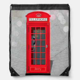 Classic London Red Phone Booth with Name Drawstring Bag