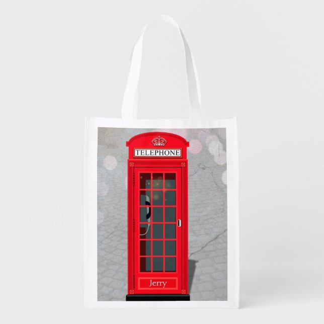 Classic London Red Phone Booth with Name  Grocery Bag (Front)