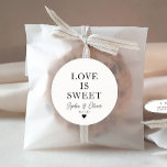 Classic LOVE IS SWEET Heart Wedding Names Favor Classic Round Sticker<br><div class="desc">A Classic Black Thank You Wedding Sticker featuring "Love is Sweet" in a classic modern elegant font. 
You can easily personalized it with your names and wedding date.</div>