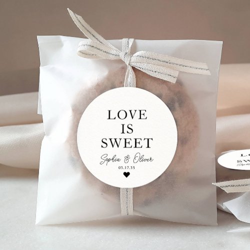 Classic LOVE IS SWEET Heart Wedding Names Favor Classic Round Sticker