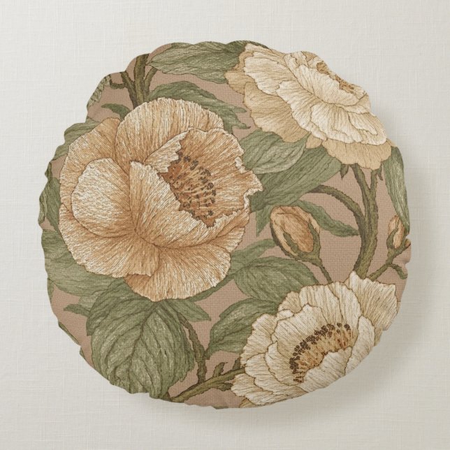 Classic,Lovely Flowers Pattern, Sage Gold Bloom Round Pillow (Front)