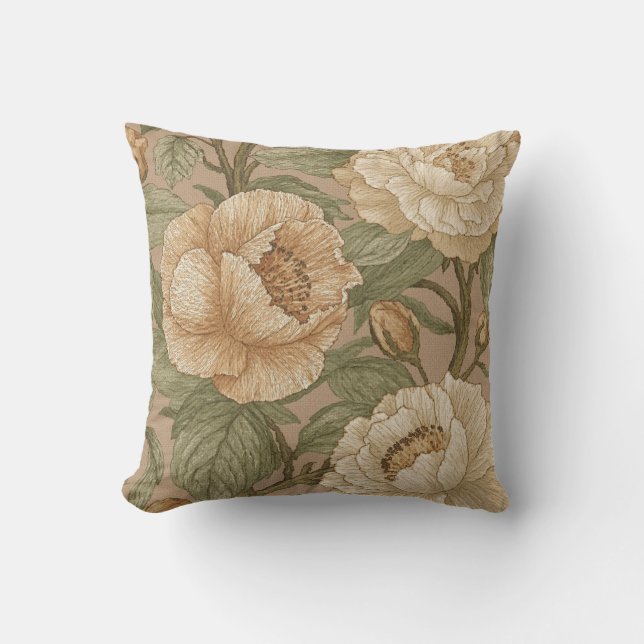 Classic,Lovely Flowers Pattern, Sage Gold Bloom Throw Pillow (Front)