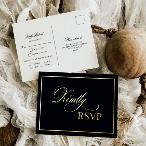 Classic Luxe Black Wedding RSVP Gold Foil Postcard