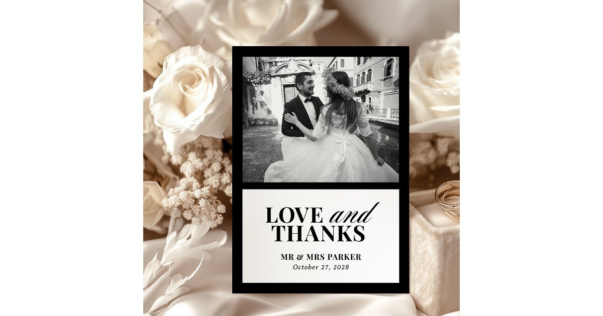 Classic Luxe Elegant Black and White Wedding Photo Thank You Card | Zazzle