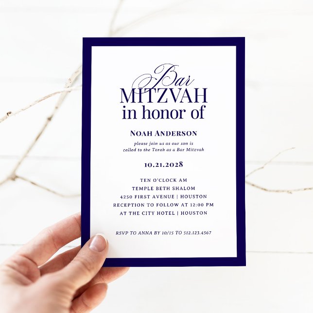 Classic Luxe | Elegant Blue and White Bar Mitzvah Invitation (Creator Uploaded)