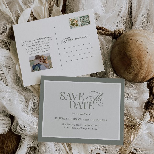 Classic Luxe | Elegant Sage Green Save the Date Announcement Postcard (Creator Uploaded)