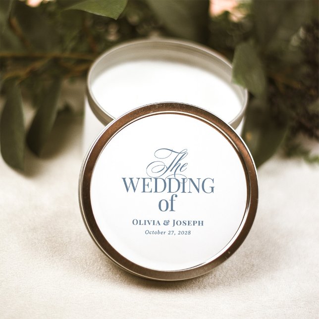 Classic Luxe Elegant White and Dusty Blue Wedding Round Sticker (Creator Uploaded)