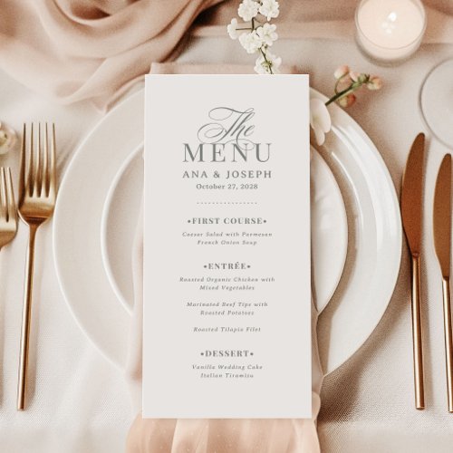 Classic Luxe Elegant White and Sage Green Wedding Menu