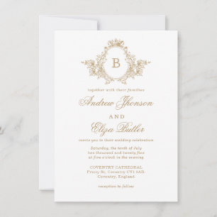 Classic Luxe Gold Monogram Crest Custom Wedding Invitation