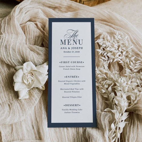 Classic Luxe | Navy Blue and White Border Wedding Menu