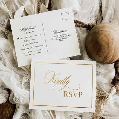 Classic Luxe White Wedding RSVP Gold Foil Postcard