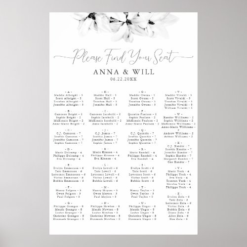 Classic Magnolia Black White Alphabetical Seating Poster