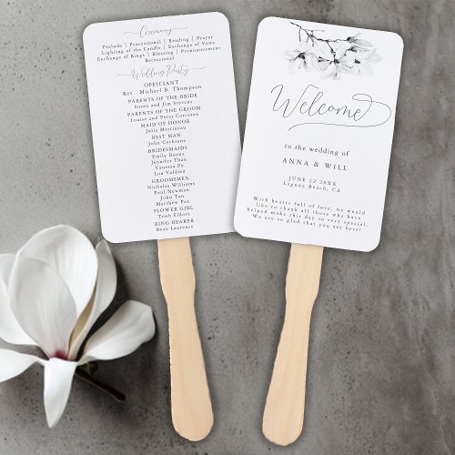 Classic Magnolia Black White Art Wedding Program Hand Fan