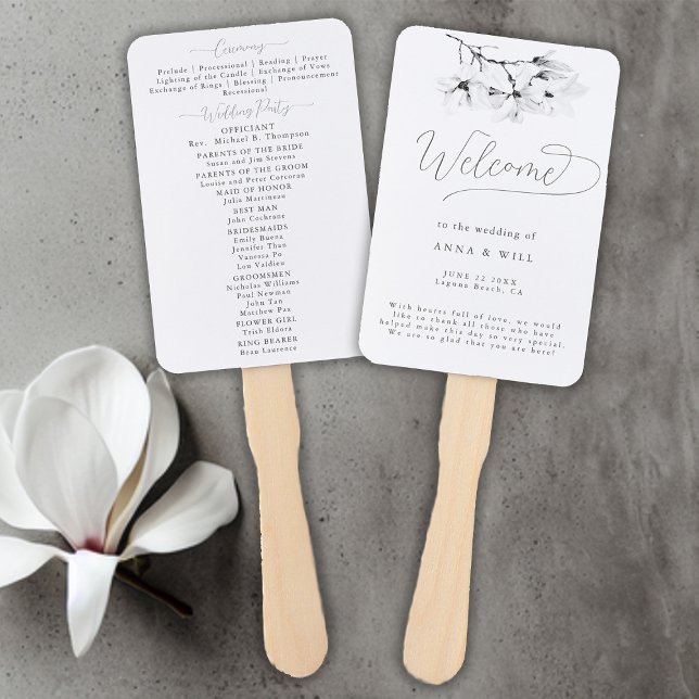 Classic Magnolia Black White Art Wedding Program Hand Fan (Magnolia Wedding Program Hand Fan Black and White Art Elegant Modern Classic)
