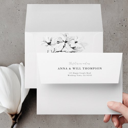 Classic Magnolia Black White Elegant Wedding Envelope