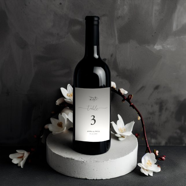 Classic Magnolia Black White Elegant Wedding Wine Label (Classic Magnolia Wedding Wine Bottle Table Number Black and White Calligraphy Elegant Classy Simple)
