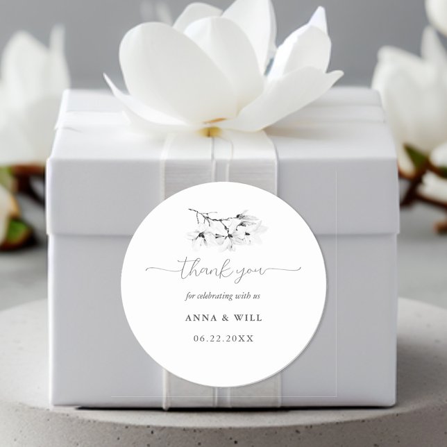 Classic Magnolia Black White Floral Wedding Favor Classic Round Sticker (Floral Wedding Sticker Ivory Magnolia Modern Classic Simple Elegant Bohemian)
