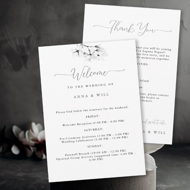 Classic Magnolia Black White Wedding Itinerary Invitation (Classic Magnolia Wedding Weekend Itinerary and Welcome Card)