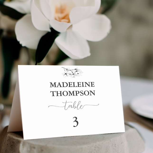 Classic Magnolia Black White Wedding Place Card (Classic Magnolia Place Card Table Number Black White Calligraphy Elegant Modern Simple Classy)