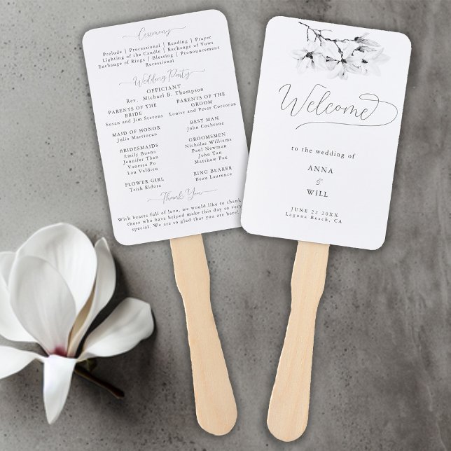 Classic Magnolia Black White Wedding Program Hand Fan (Classic Magnolia Wedding Program Hand Fan Black and White Formal Traditional Elegant Modern Classic)