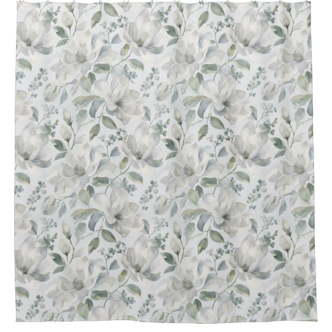 Classic Magnolia Floral Pattern in Soft Grey Shower Curtain