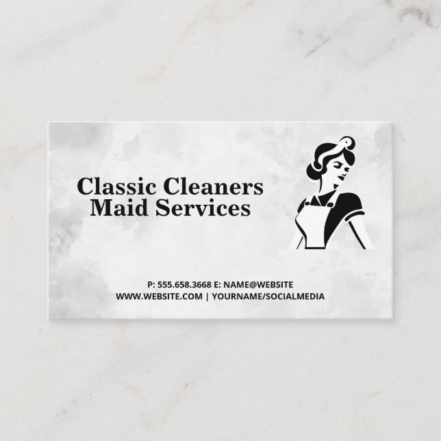 Classic Maid Black White | Home Cleaning Services Business Card (Front)