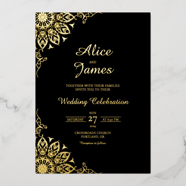Classic Mandala Black Gold Foil Wedding Invitation (Front)