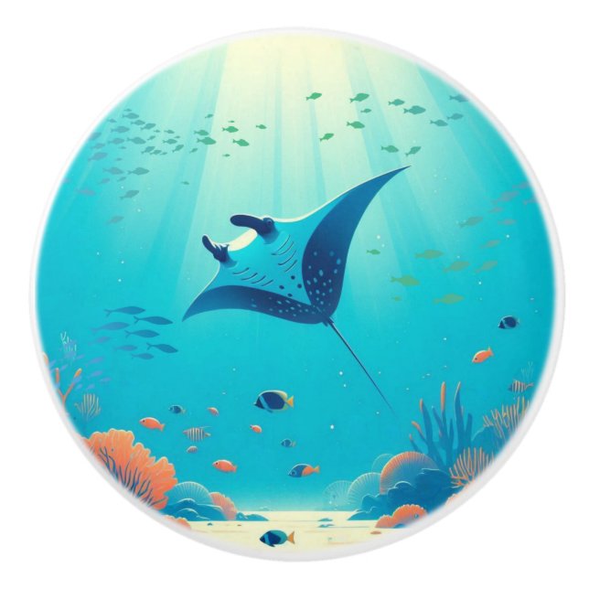 Classic, manta ray coastal art ceramic knob (Front)