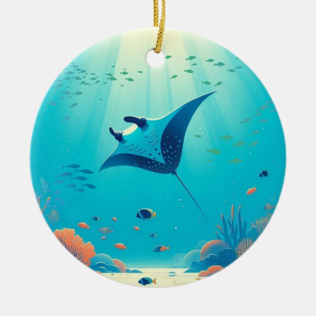 Classic, manta ray coastal art ceramic ornament (Front)