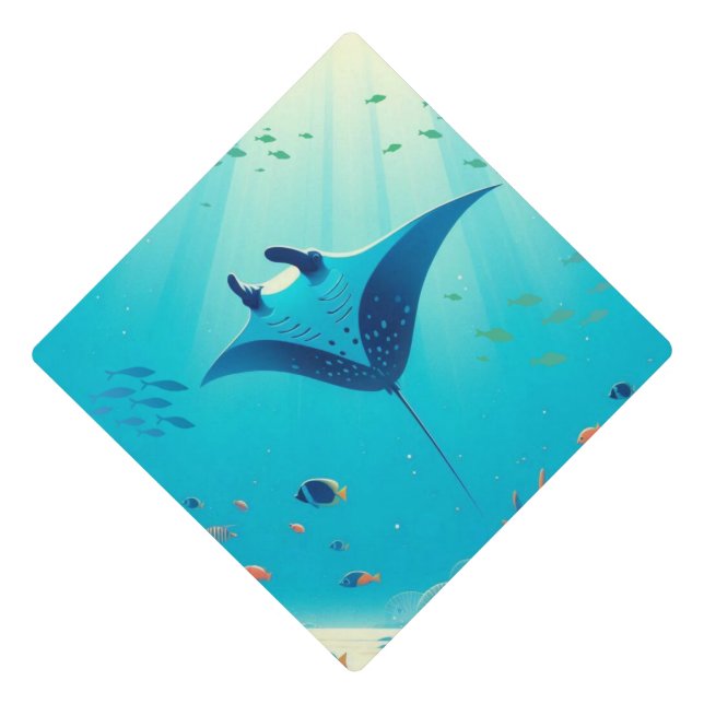 Classic, manta ray coastal art graduation cap topper (Front)