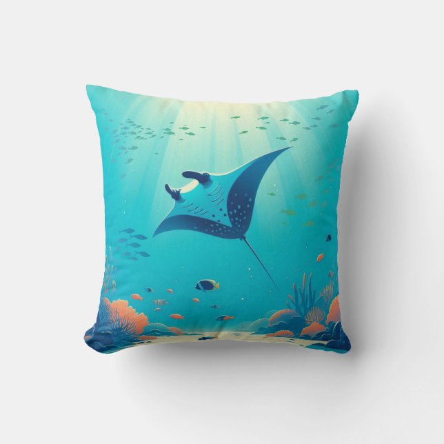 Classic, manta ray coastal art throw pillow (Front)