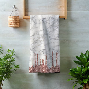 Classic Marble Black White Rose Gold Glitter Drips Bath Towel Set