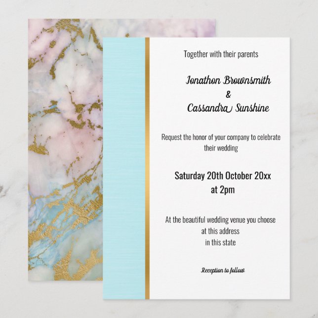 CLASSIC MARBLE PASTEL BLUE GOLD TRIM INVITATION (Front/Back)