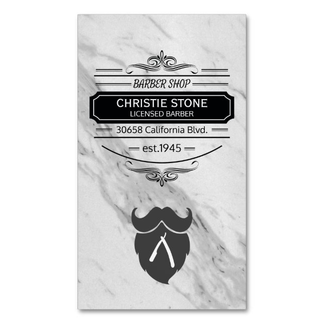 Classic Marble Retro Label Barber Blade and Beard Business Card Magnet (Front Vertical)